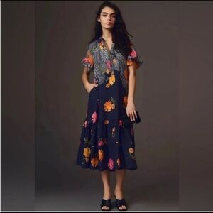 Anthropologie Floral‎ Blue Motif Ruffle Sleeve Midi Dress Size Small